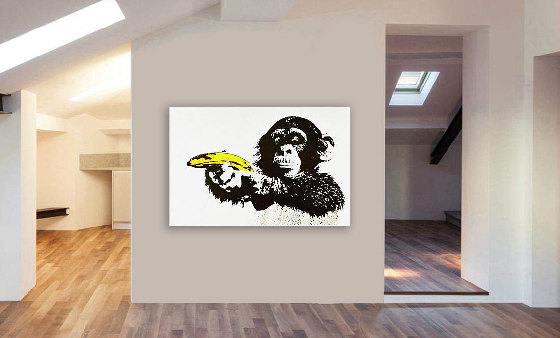 Amazon.com: Banksy Chimp Banana Gun - Canvas Wall Art Framed Print